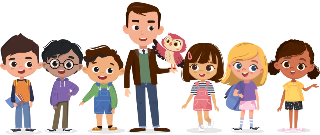 The Little Wordsmiths friends: Adam, Alysa, Carlos, Olivia, Rohit, Zuri and Professor William, with Sky the owl on his hand.