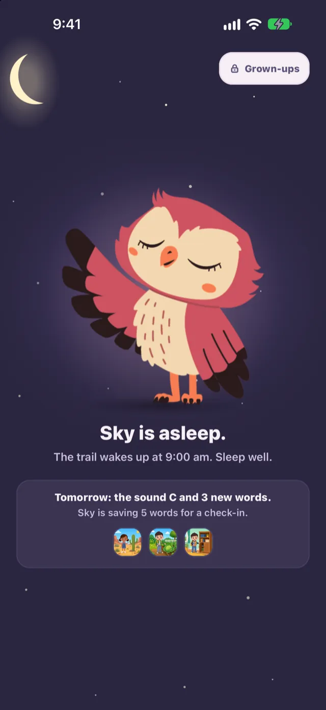 Sky the owl asleep: Sky is asleep. The trail wakes up at 9:00 am.