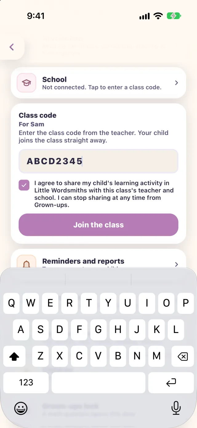 The class code screen: a made-up code, the agreement to share, and a Join the class button.
