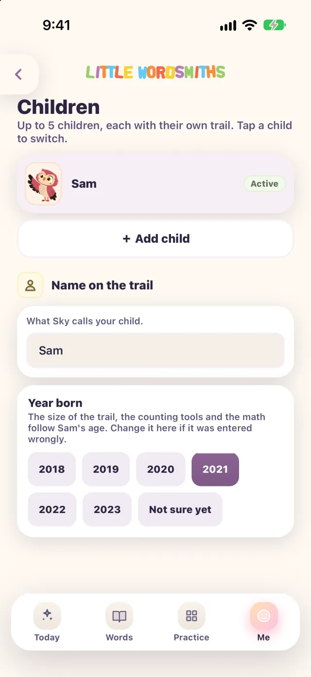 Children: up to 5 children, with an Add child button.