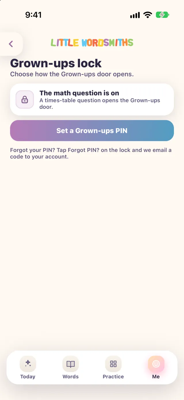 Grown-ups lock: choose how the Grown-ups door opens, with a button to set a Grown-ups PIN.