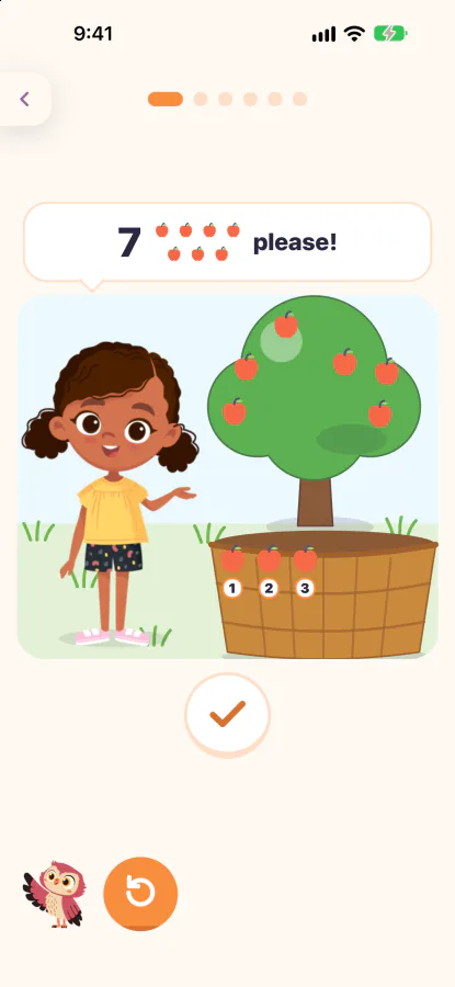 Zuri asks for 7 apples, please, beside an apple tree and a basket