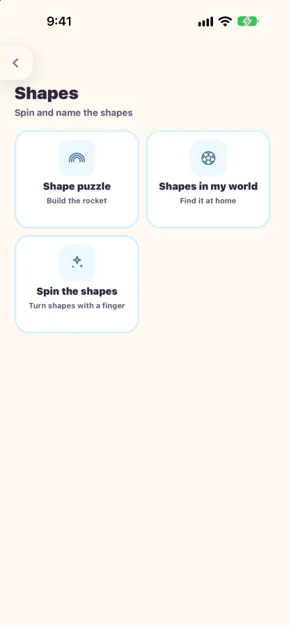 The shapes room in Practice: Shape puzzle, Shapes in my world and Spin the shapes