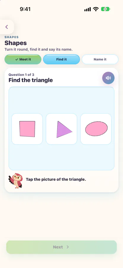 The shape stop, Find it: find the triangle among a square, a triangle and an oval